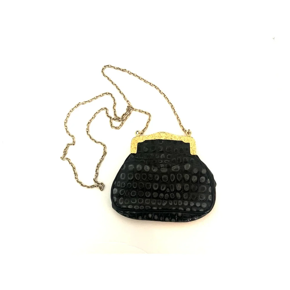 GLEN MILLER FOR ANN TURK EVENING HANDBAG BLACK EMBOSSED LEATHER, EC